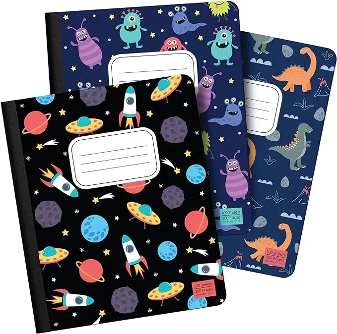 ScribbleMate Cute Composition Notebook Wide Ruled, Set of 3 Composition Notebpooks for Kids, Wide Ruled Composition Notebook for Boys and Girls. 100