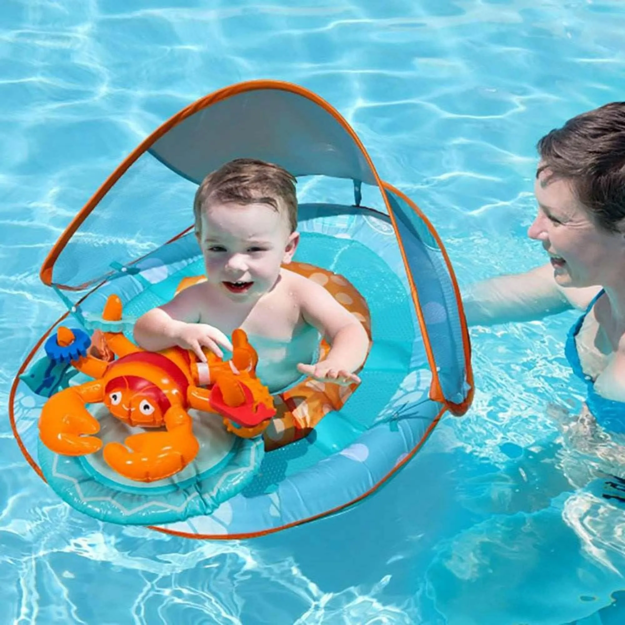 SwimWays Inflatable Baby Spring Pool Float Activity Center with Canopy, Lobster