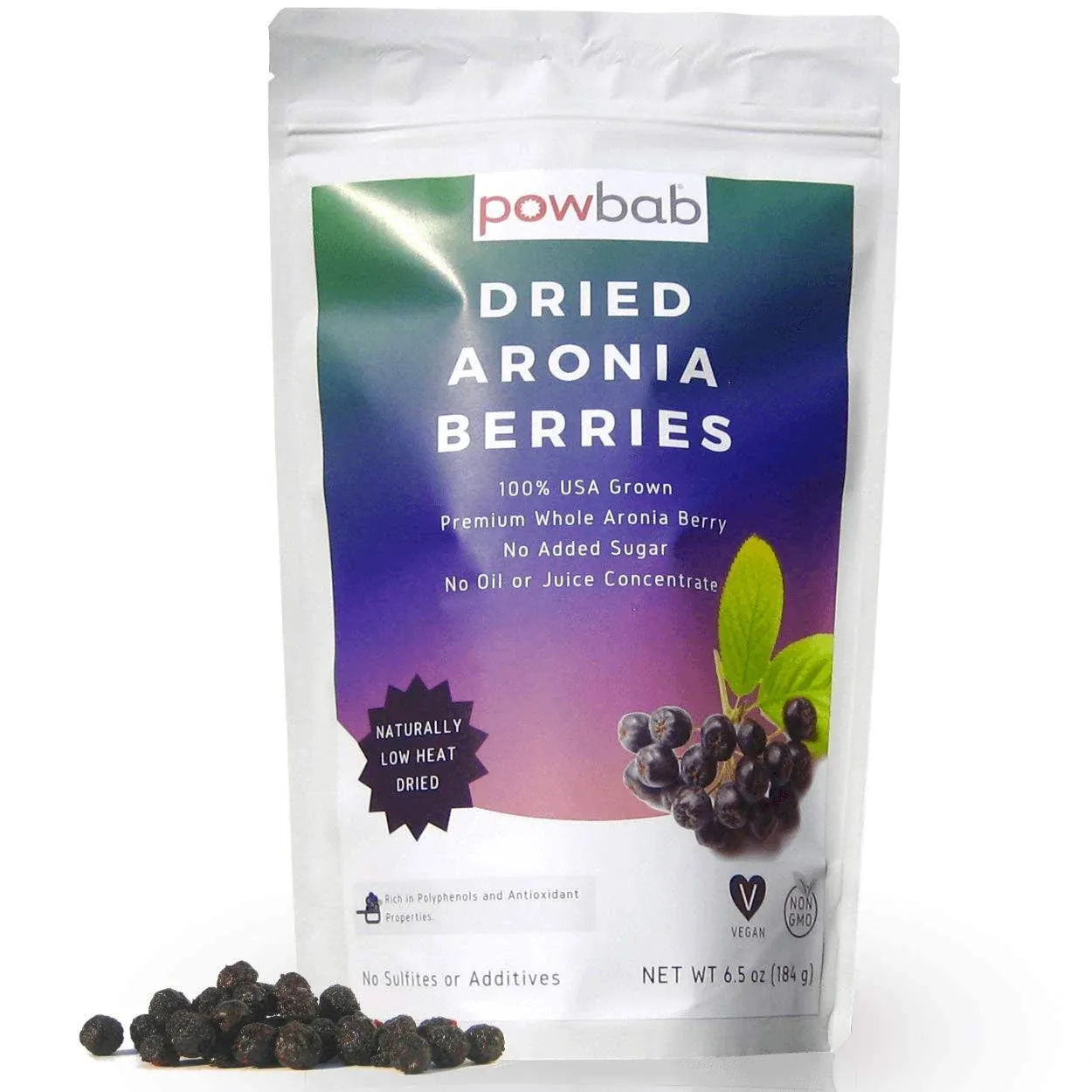 Powbab Dried Aronia Berries from 100% USA Grown Organic Aronia Chokeberry. No Added Sugar. Not Freeze Dried, Not Frozen. Made in USA Whole Black