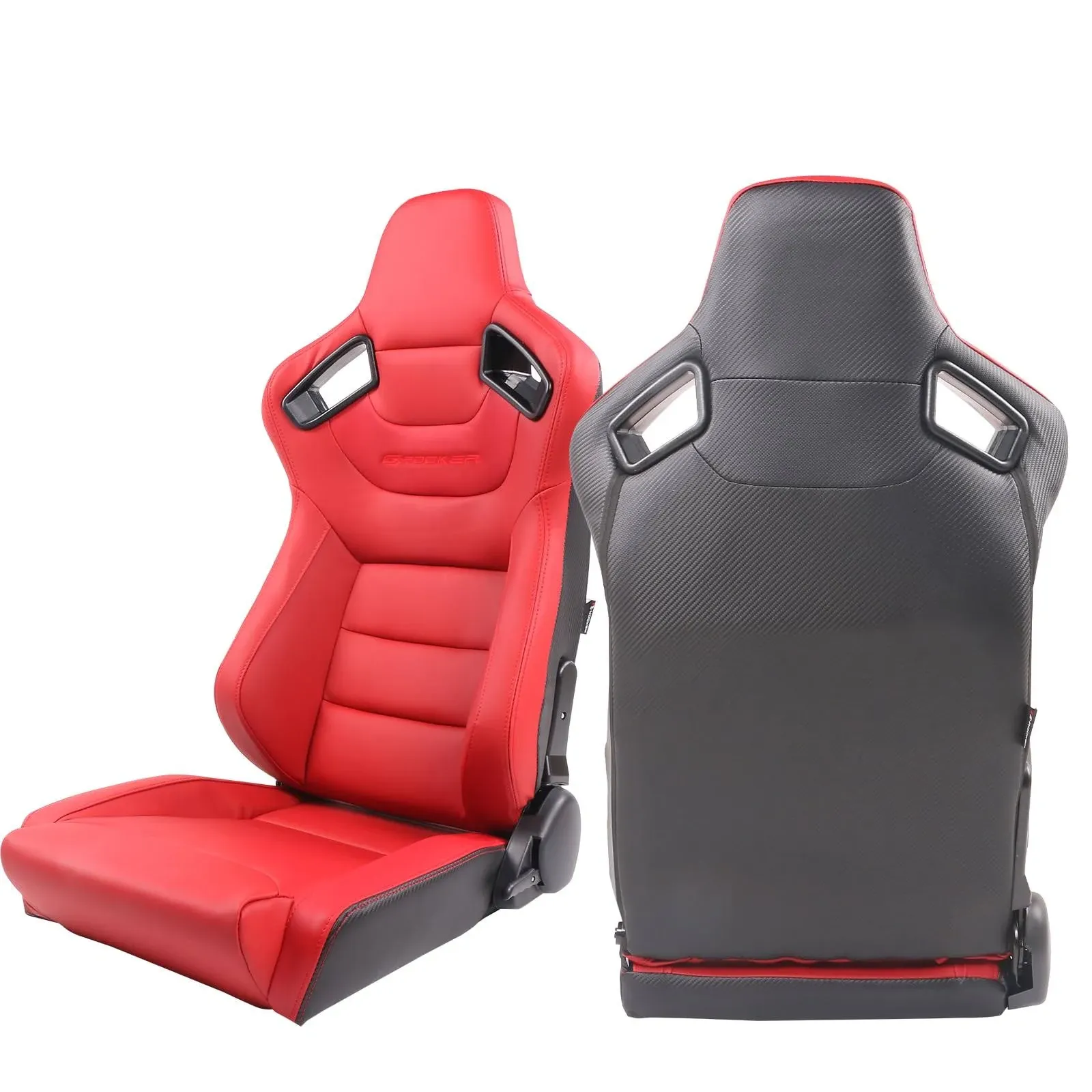 Reclinable Racing Seat + Dual Slider Pair LH RH  Red PU & Carbon Leather Back  | eBay