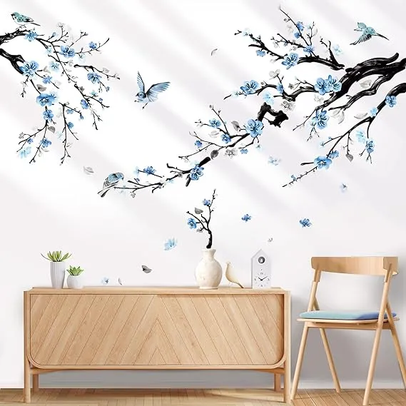 wondever Calcomanías de pared de acuarela con diseño de ramas de árbol de flores, flores, pájaros florales, para despegar y pegar, calcomanías artísticas para sala de estar y dormitorio