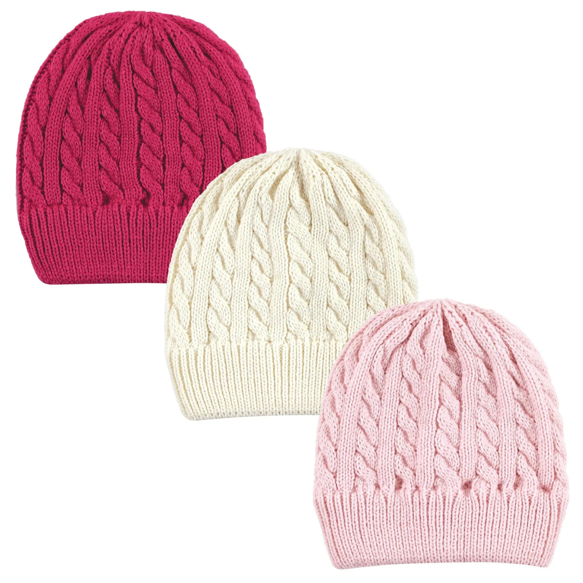 Hudson Baby Knitted Caps 3pk, Pink Cream