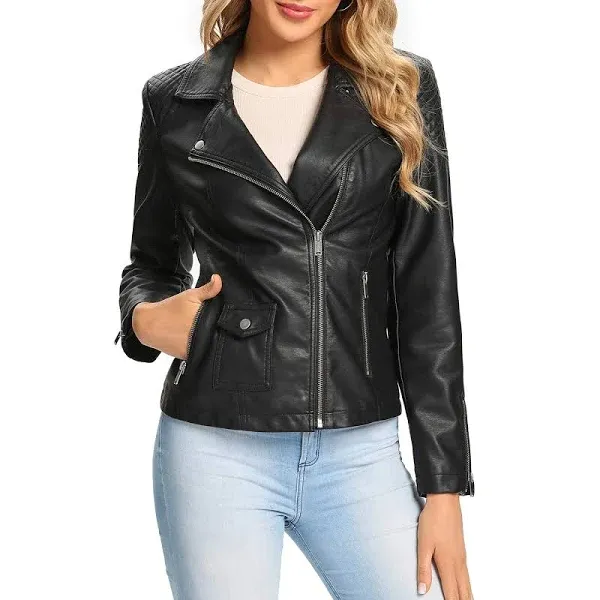 S P Y M Womens Faux Leather Jacket, Casual Fashion Zip Up Round Collar Coat ...