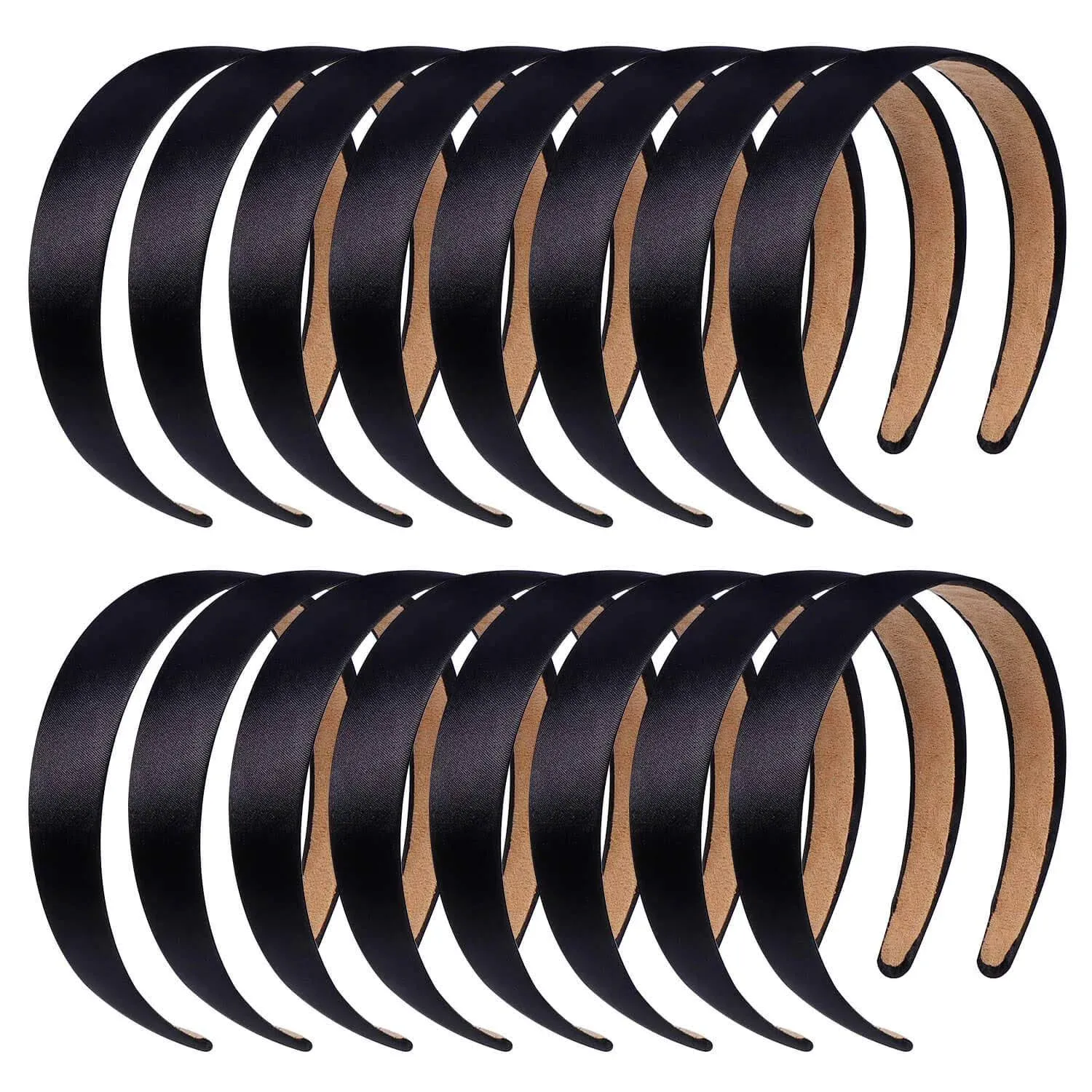 16 Pcs Satin Headbands Bulk 1 Inch Anti-Slip Black Ribbon Hair Bands Plain Hard 