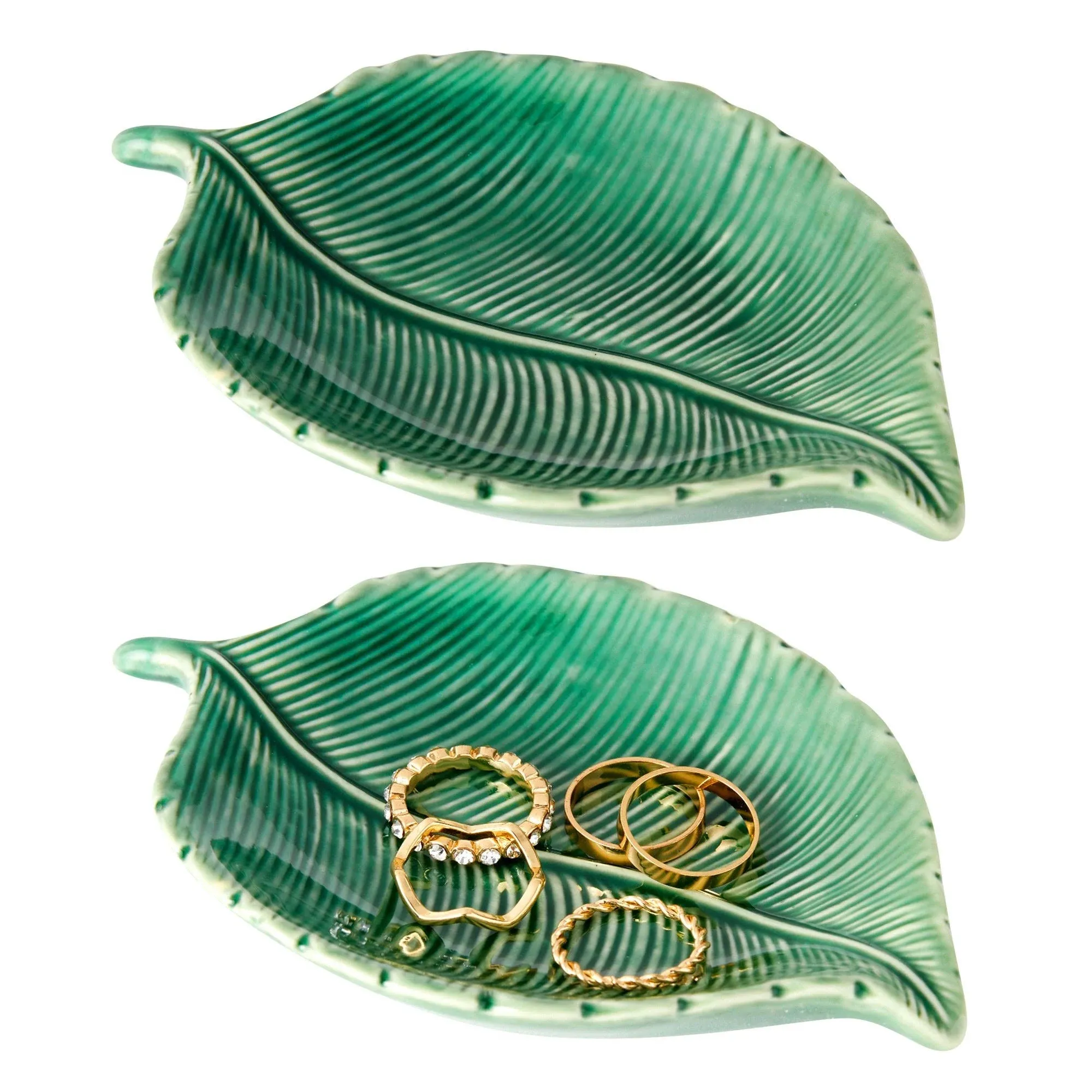 2 Pack Leaf Shaped Trinket Tray, Small Ceramic Jewelry Dish (5.3 x 3.6 x 0.8 in, Green)