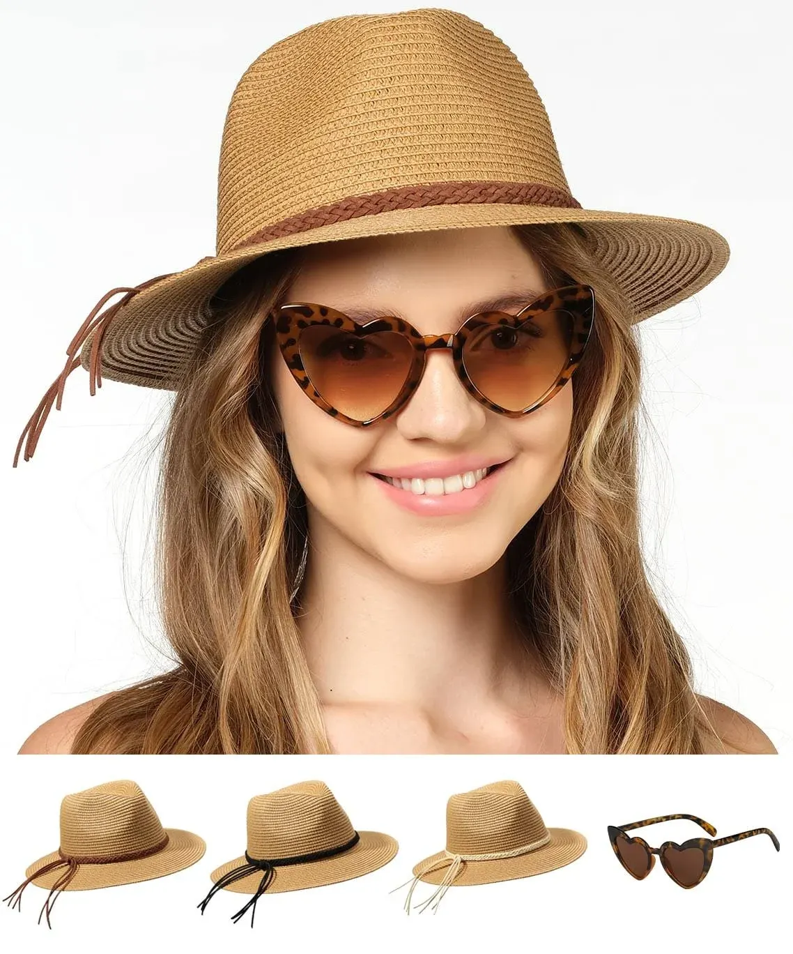 Funcredible Summer Fedora Hat for Women - Straw Beach Hat wit Bow and Heart Shape Glasses - Packable Panama Hat for Women