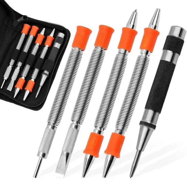 HORUSDY 5-Piece Multitool Nail Setter Set, Heavy Duty Automatic Center Punch, Dual Head Nail Set, Dual Head Center Punch, Hammerless Cold Chisel, Hinge Pin Remover Punch