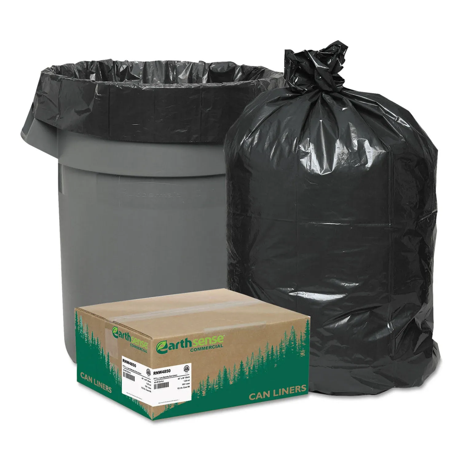 Earthsense 45 Gallon Industrial Trash Bag, 40" x 46", Low Density, 1.25 mil, Black, 100 Bags/Box (RNW4850-538959) | Staples