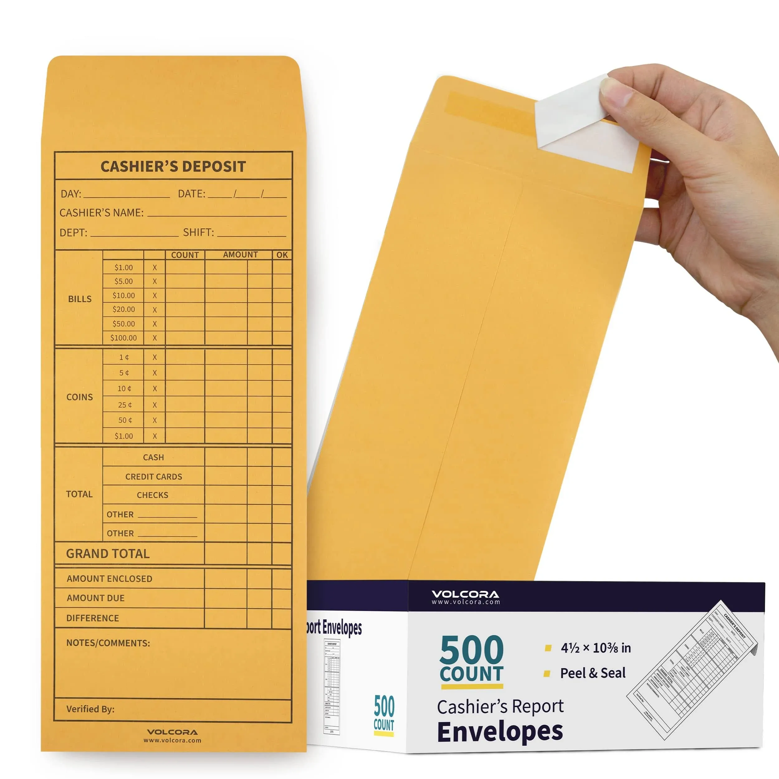 Volcora 500 Pack Cashier Envelopes, Cash Deposit Envelopes, Self Adhesive Cash Envelopes, Money Envelopes, Brown Kraft Bank Deposit Slips for Retailers, Restaurants, Small Businesses, Stores