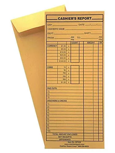 Cashier Depot MT230 Cashier\'s Report Envelope, 4 1/2" x 10 3/8", Premium 24lb. Kraft, Gum Flap, 500/Box