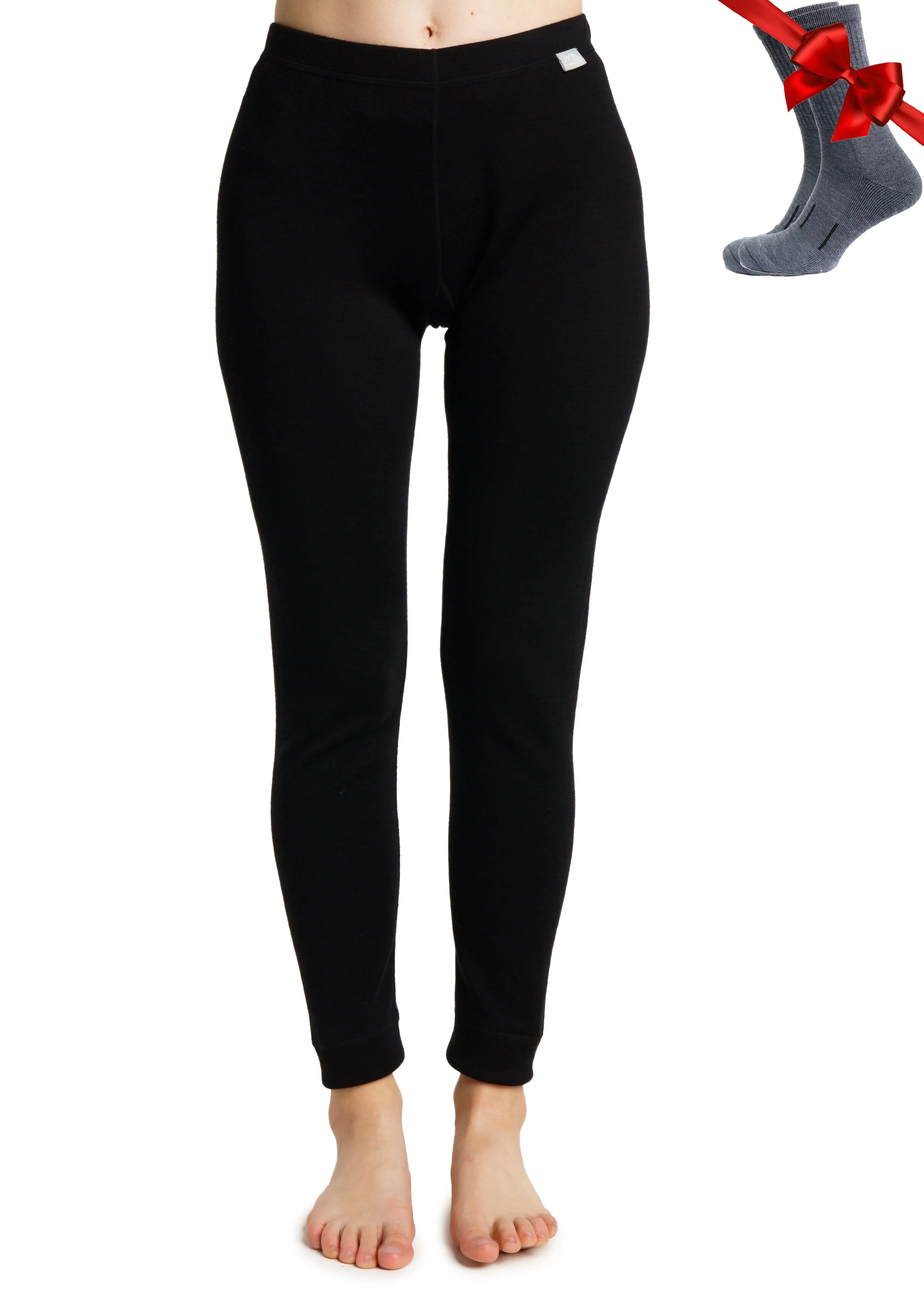 Merino Wool Base Layer Women Pants 100% Merino Wool Leggings Lightweight, Midweight Thermal Underwear Bottoms + Wool Socks