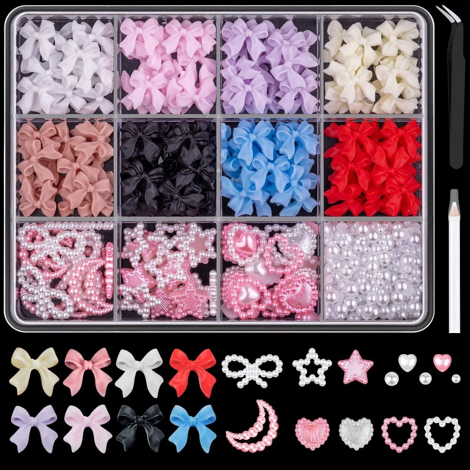 500 Pcs 3D Nail Charms and Flatback Pearls Set 1, 8 Colors Nail Bows Charm + Pink&White Star Heart Moon Cute Nail Jewels + 2-4mm White Nail Pearls for Nail Art DIY Decoration with Pickup Tools