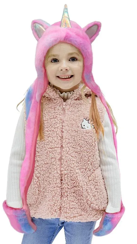 Gifts Treat Kids Unicorn Winter Hat with Scarf Plush Novelty Animal Hat 3 in 1 Multi-Functional Hat, Scarf and Mittens