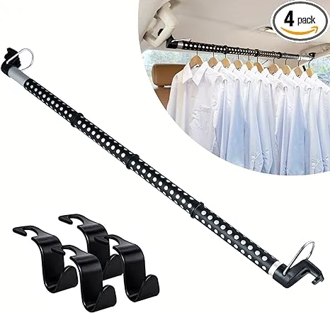 Heavy Duty Car Clothes Hanger Rod w/ Rubber Grips and Rings, Expandable upto 65&#034;