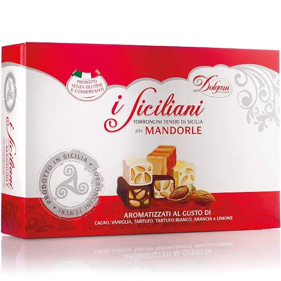 I Siciliani 17.6oz (500g.) Soft Almond Torrone Nougat Covered in variety flavors of chocolate bite size Individually wrapped Assorted Mix in a nice Gift box approx. 40-42 pieces made in Sicily.NO PRESERVATIVES & GLUTEN FREE You won't be disappointed the best Torrone we have ever tasted!