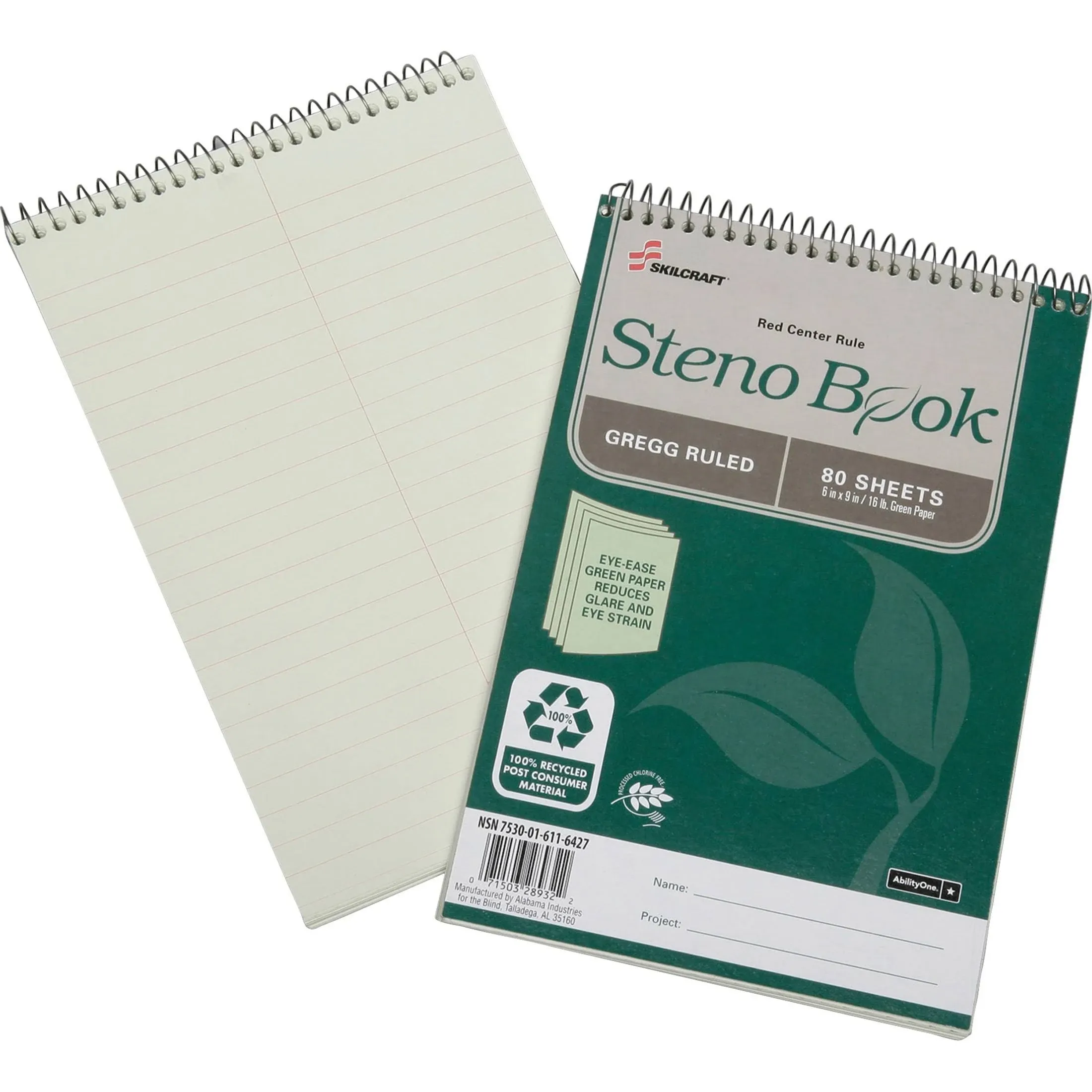 Skilcraft Steno Book, 100% Post-Consumer Recycled, Eye-Ease Green Paper