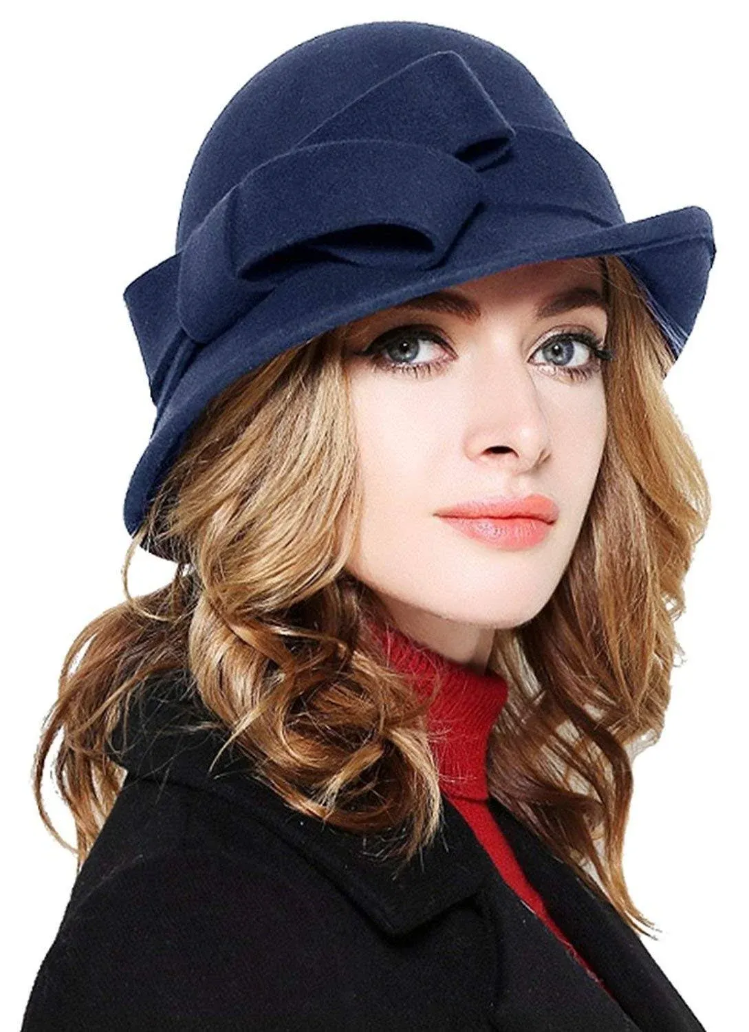 Bellady Women Solid Color Winter Hat 100% Wool Cloche Bucket with Bow Accent