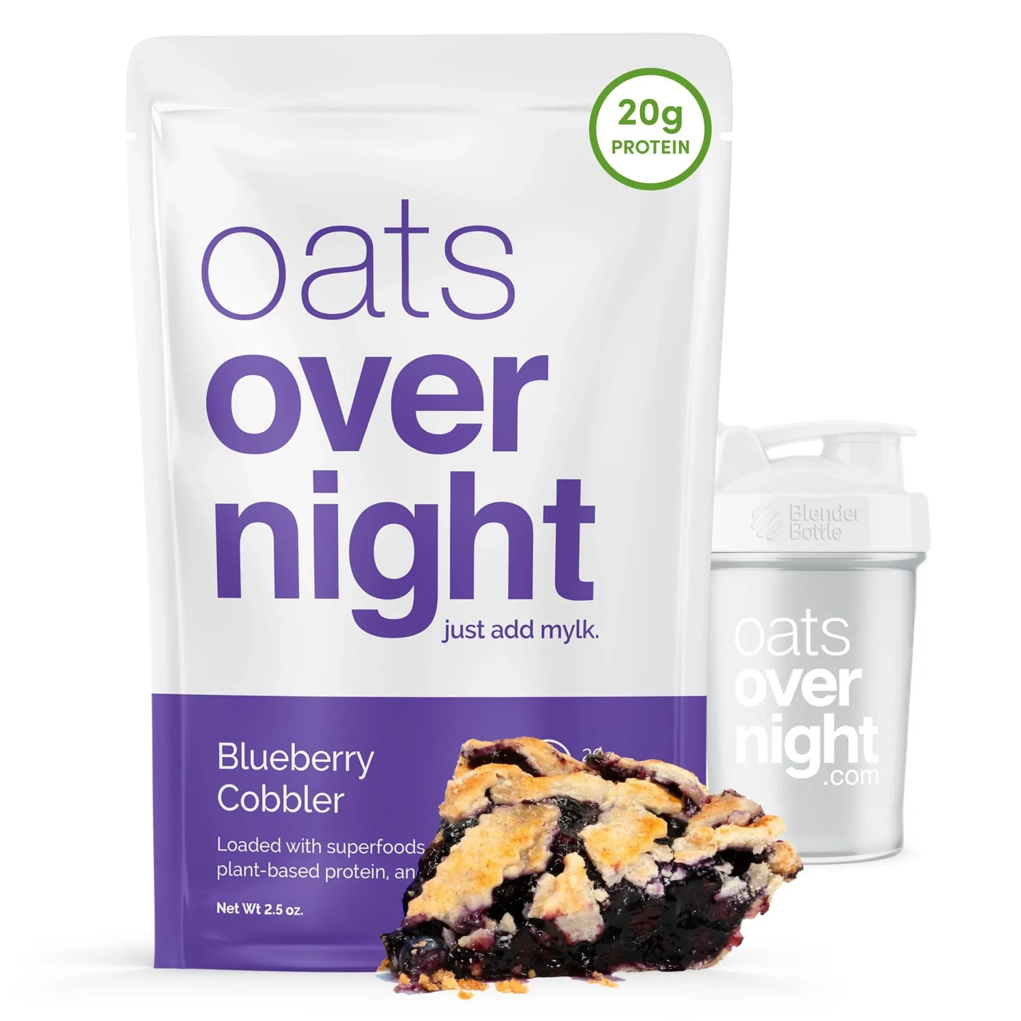 Oats Overnight - Blueberry Cobbler - Vegan, 20g Protein, High Fiber Breakfast Shake - Gluten Free, Non GMO Oatmeal (2.5 oz per meal) (8 Pack + BlenderBottle)