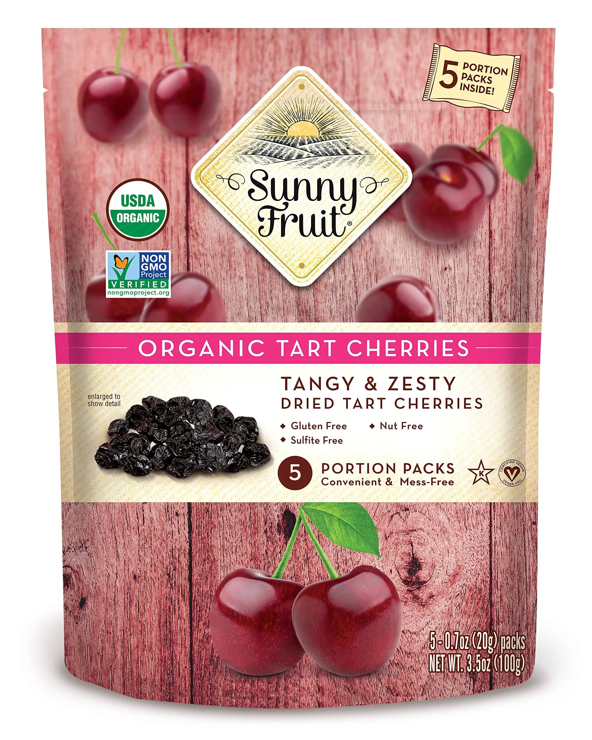 ORGANIC Dried Tart Cherries - Sunny Fruit - (5) 0.7oz Portion Packs per Bag | Pu