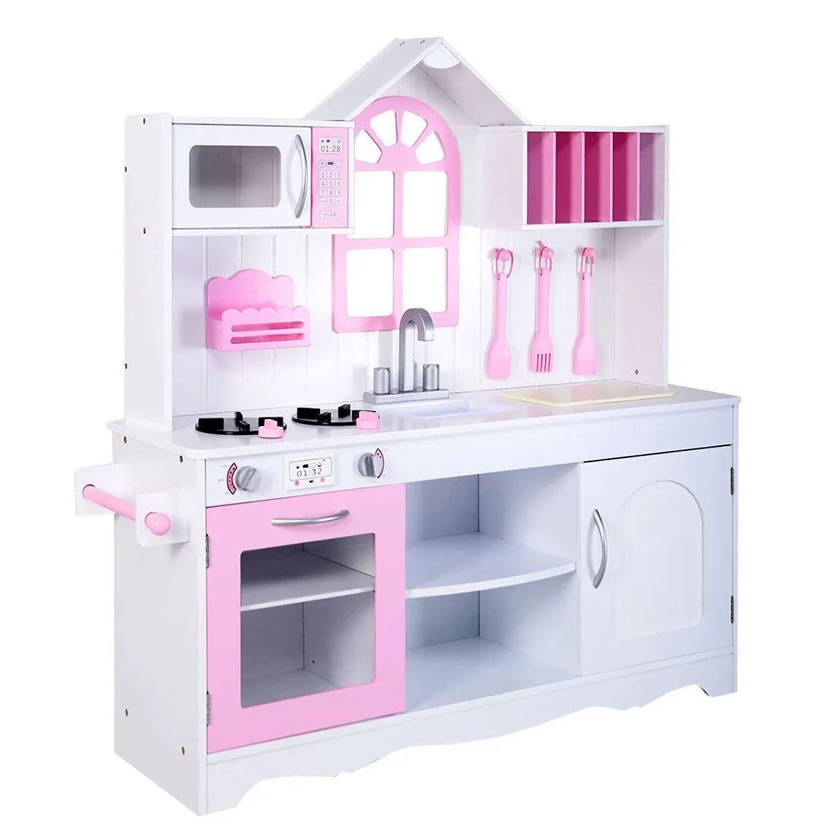 Costway Kids Play Kitchen Set Toddler Pretend Cooking Set w/ Cabinet&Accessories