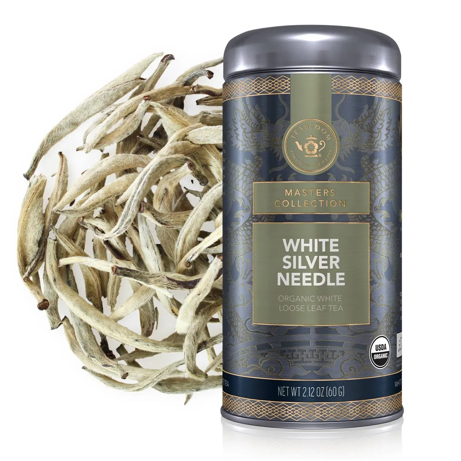 Teabloom Organic White Silver Needle Loose Leaf Tea, Rare USDA Organic White Tea with Delicate Honeysuckle Notes, 2.12 oz/60 G Canister Makes 35-50