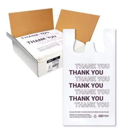 Bagtron Thank You T-Shirt Carry-Out Bags, 1/6 Barrel, White/Purple, 12" x 7" x 22" Large, 400 Count