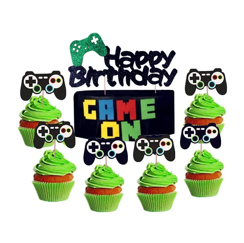 25 PCS LaVenty Black GAME ON Cupcake Toppers Video Game Cupcake Toppers set 