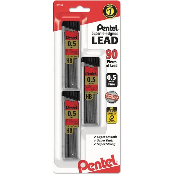 Pentel Super Hi-Polymer Lead Refill, 0.5mm, 30/Leads, 3/Pack (C25BPHB3-K6)