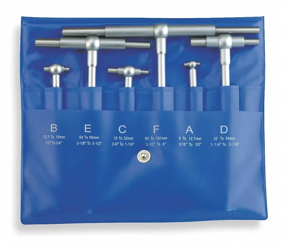 WESTWARD Telescoping Gauge Set: 6 Pieces, 13/16 in to 5 in Range, Double-Arm Plunger