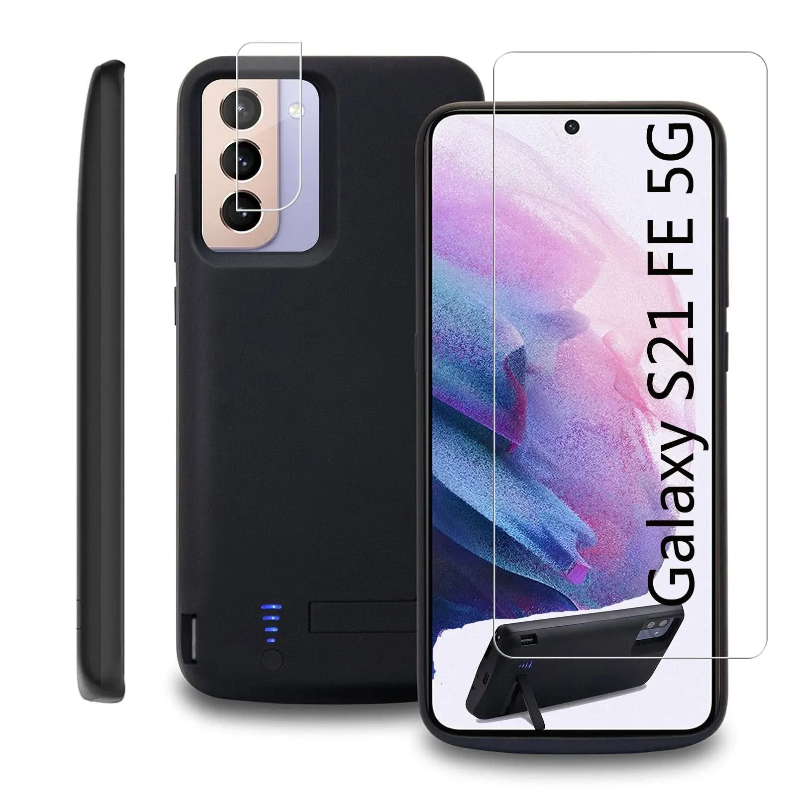 Battery Case for Samsung Galaxy S21 FE 5g Phone Cases, 5000mAh Slim Portable Rechargeable Extended Battery Chargers Power Bank Galaxy s21fe Charging case with Screen Protector Camera Protectors Black