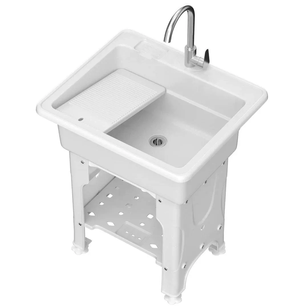 Freestanding Plastic Laundry Sink with Washboard, W25.4" x D22" x H31.5" Indoor and Outdoor Utility Sink with Cold and Hot Water Faucet, Hoses and Drain Kit for Laundry Room, Garage, Basement, Garden