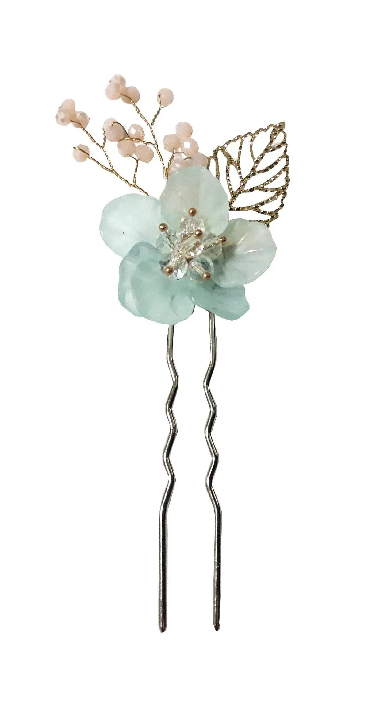 Hanbok Hair Pin Korea Traditional Girl Women Adorable Stick binyeo Accessory Pastel Blue flower leaves Medium