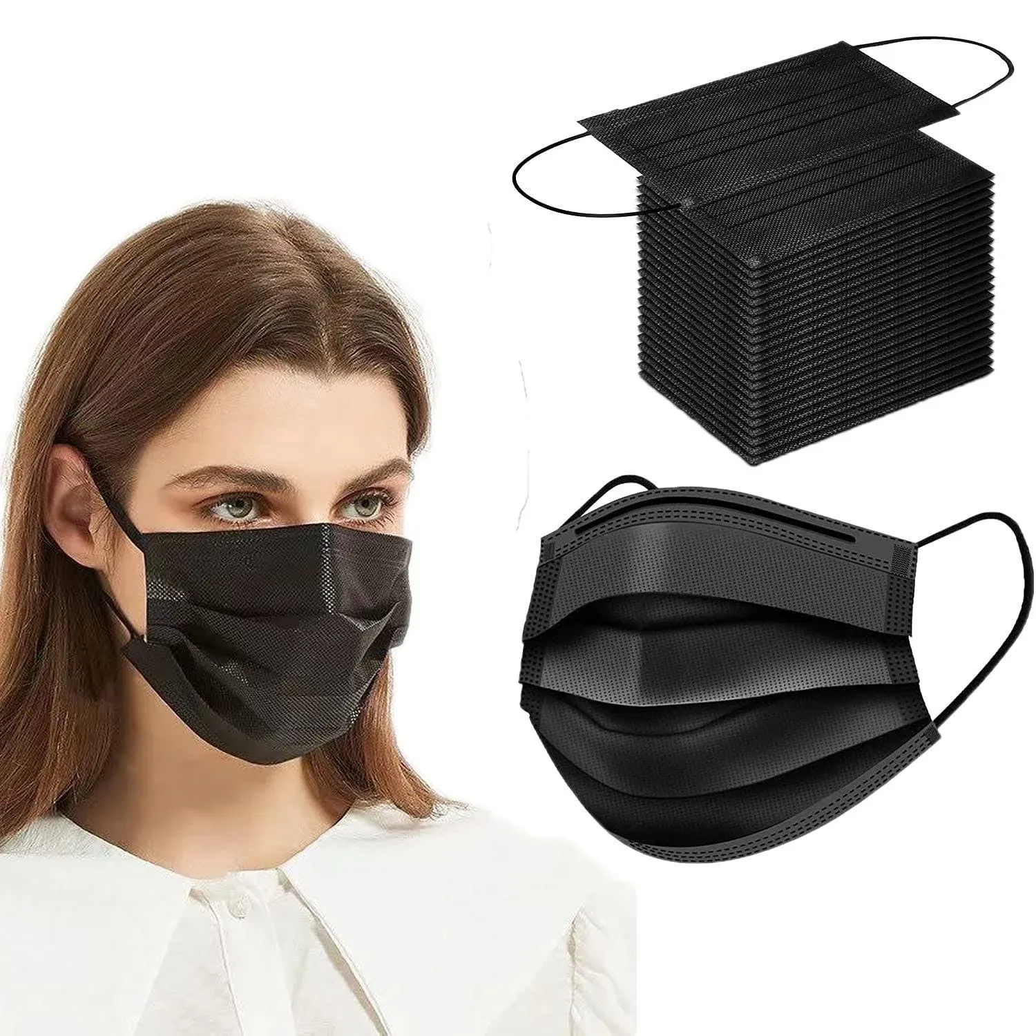 100pk Black Disposable Face Masks, 3-ply Breathable Mask, Elastic Ear Loop Mask