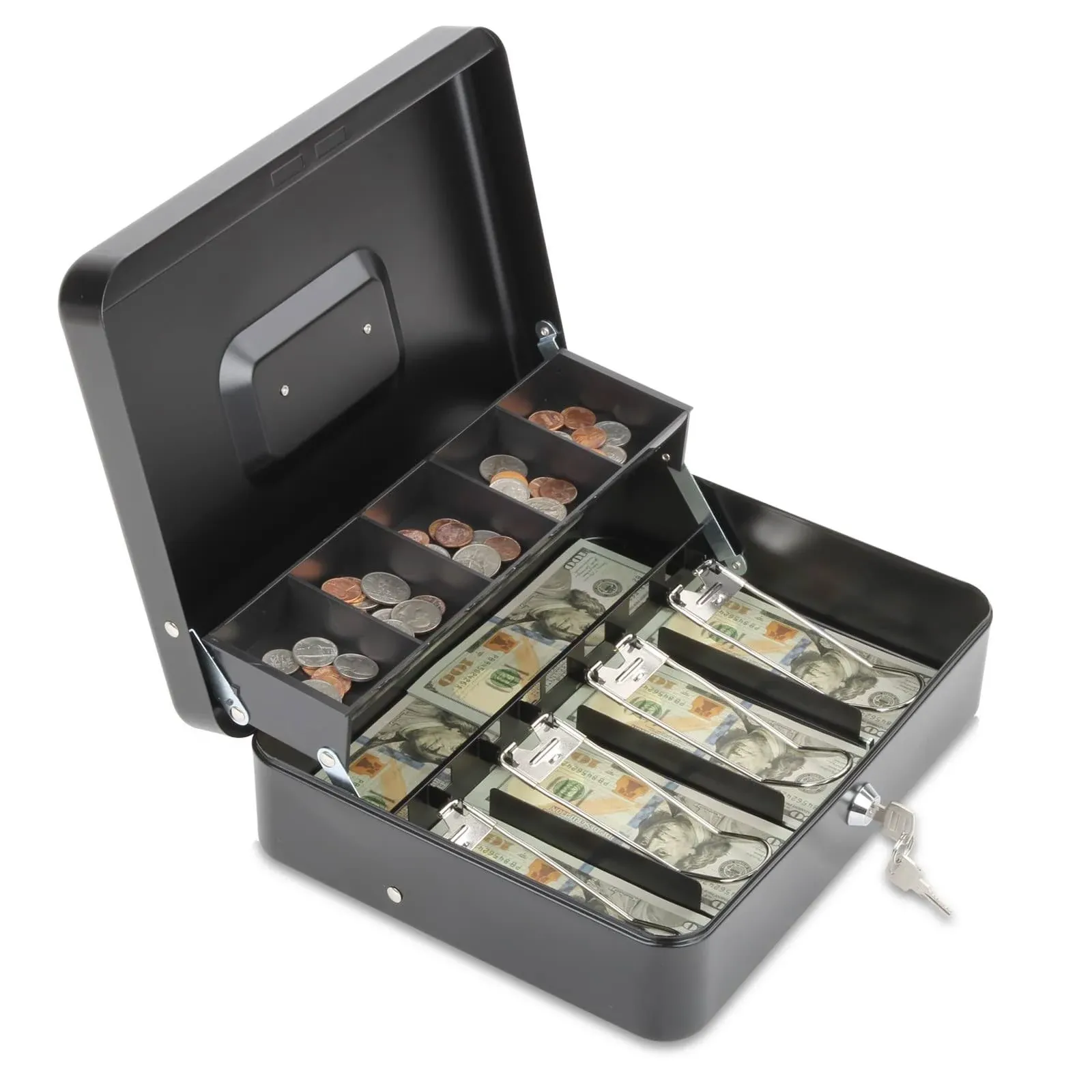 Polspag Cash Box with Lock and 2 Keys Large Cash Boxes Metal Money Box with Cash Tray