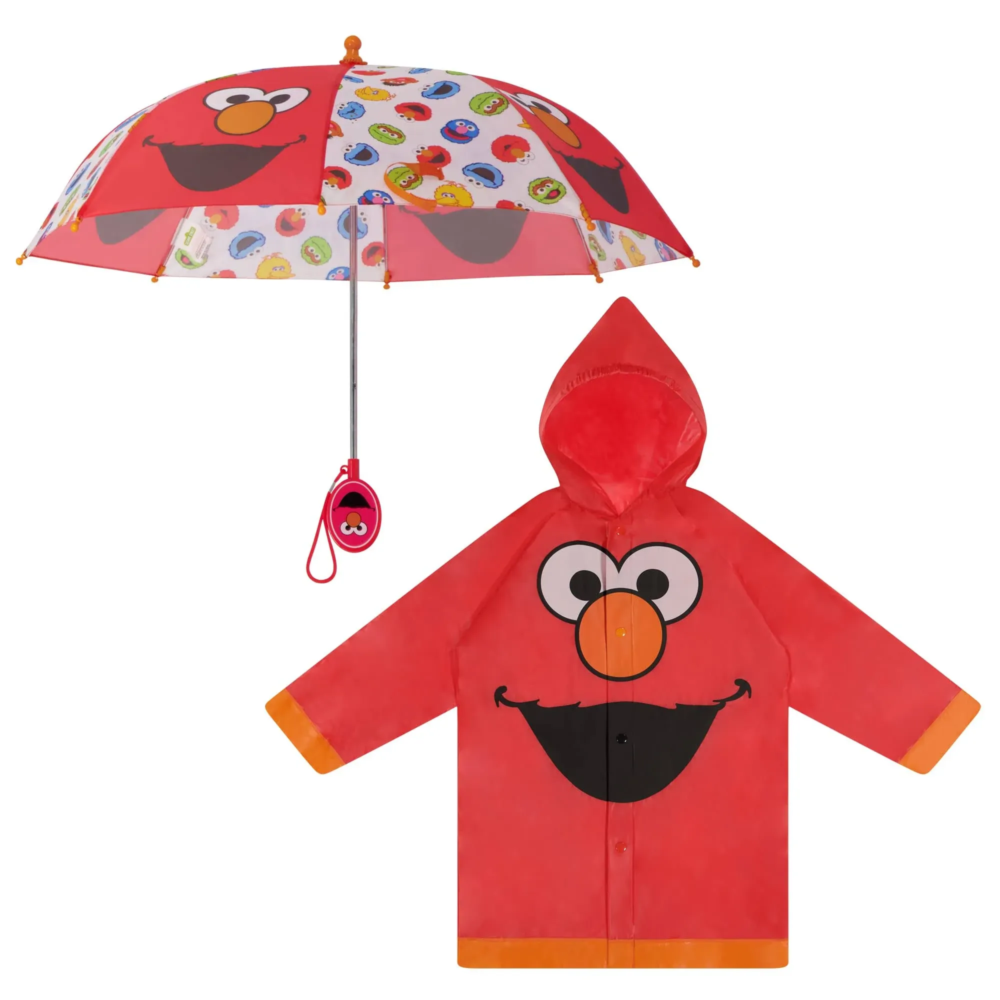 Sesame Street Elmo Kids Umbrella with Matching Rain Poncho for Boys Ages 2-5