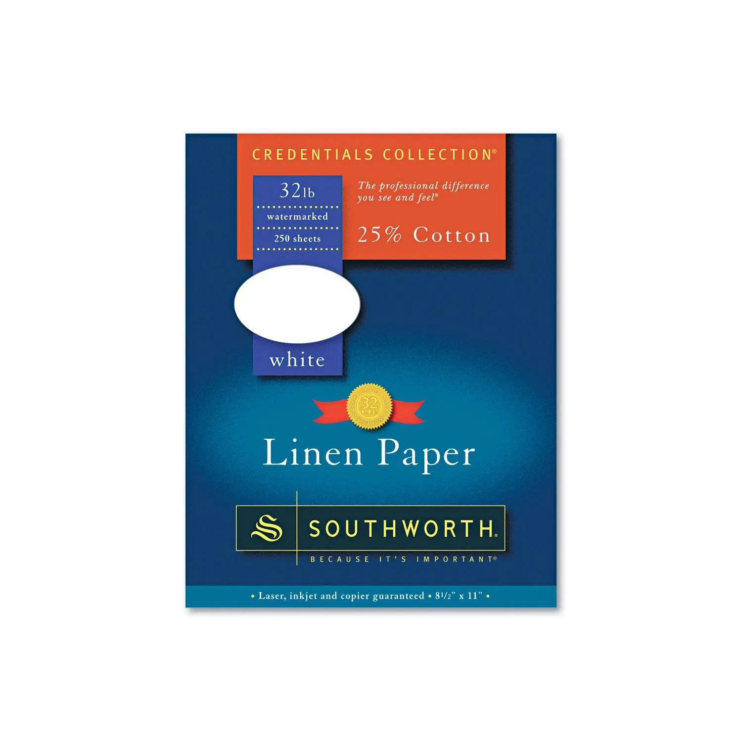 Southworth 25% Cotton Linen Business Paper, 32 lb, 8.5 x 11, White, 250/Pack