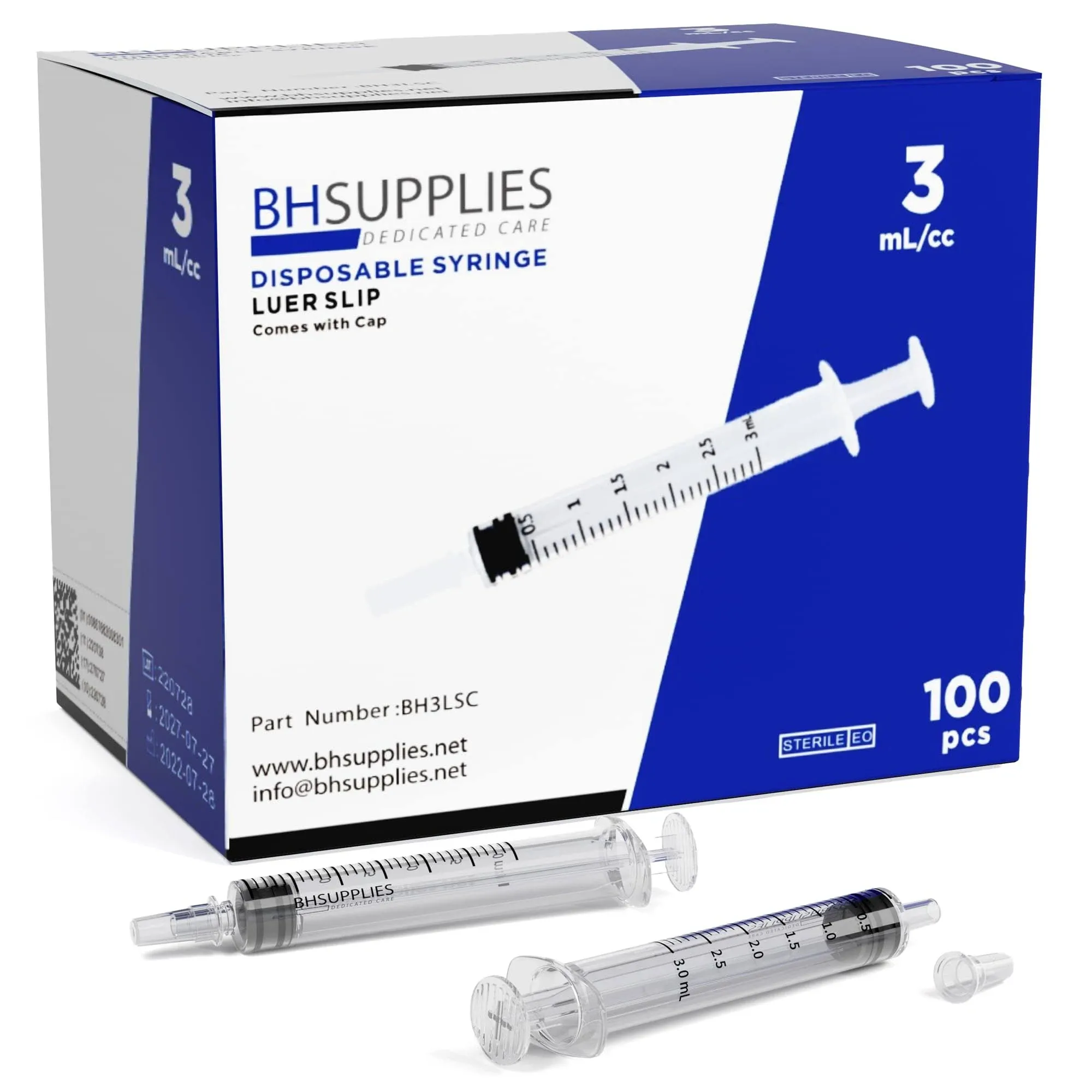 BH Supplies 3ml Luer Lock Tip Syringes (No Needle) - Sterile, Individually Wrapped - 100 Syringes