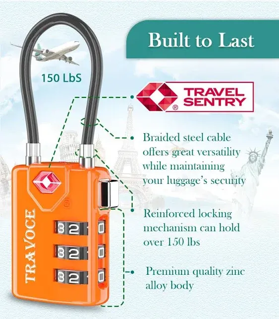 Search Alert TSA Approved Travel Combination Luggage Cable Locks for Suitcase, Gym Locker,Toolbox,Backpack 1,2,4,6 &10 PK