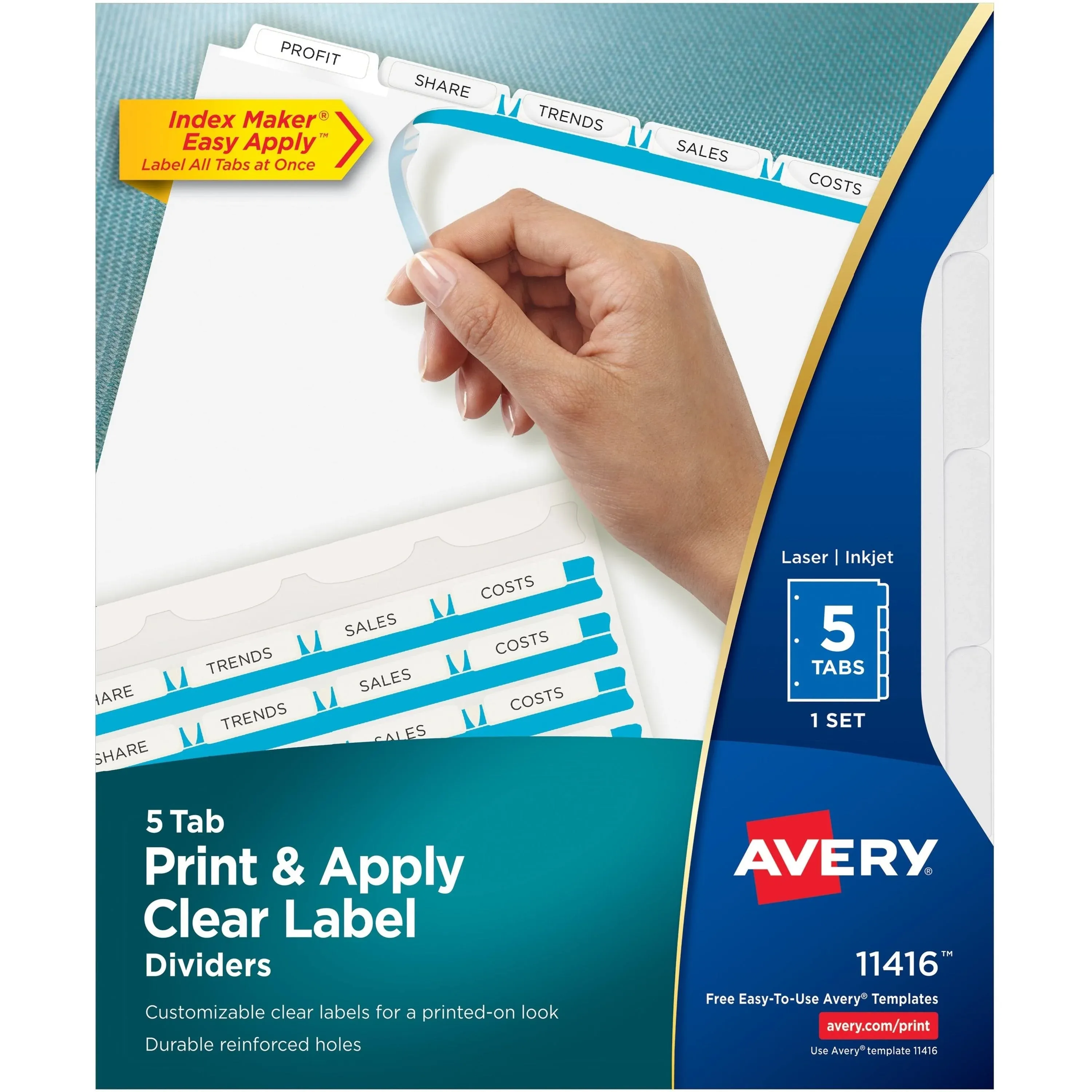 Avery Print & Apply Clear Label Dividers, Index Maker Easy Apply Printable Label Strip, 5 White Tabs (11416)