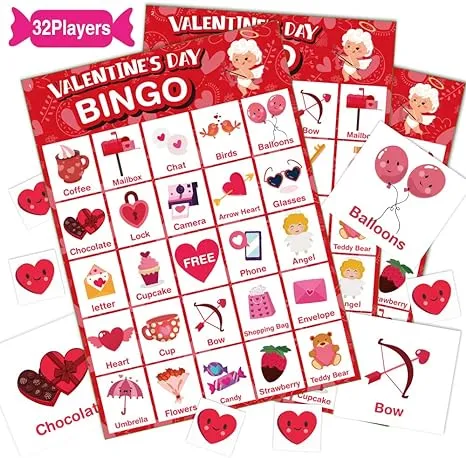 V-Opitos Valentines Day Bingo Game Card for Kids/Adults, 32 Players - Valentine ...