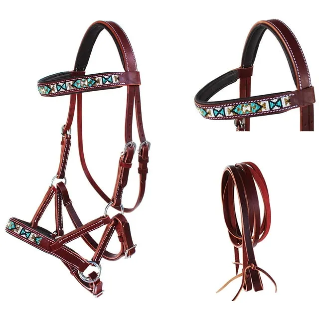 CHALLENGER English Western Horse Leather Beaded Bitless Bridle Sidepull Rein 77RS13MG-F