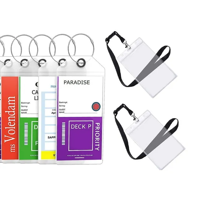 Cruise Luggage Tags Etag Holders Zip Seal & Steel Loops Thick PVC - (4 Pack + 2 ID Holders)