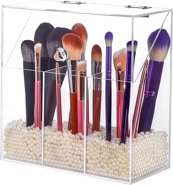 LOHRYVIO Acrylic Makeup Brush Holder with Lid - Clear Cosmetic Make up White 