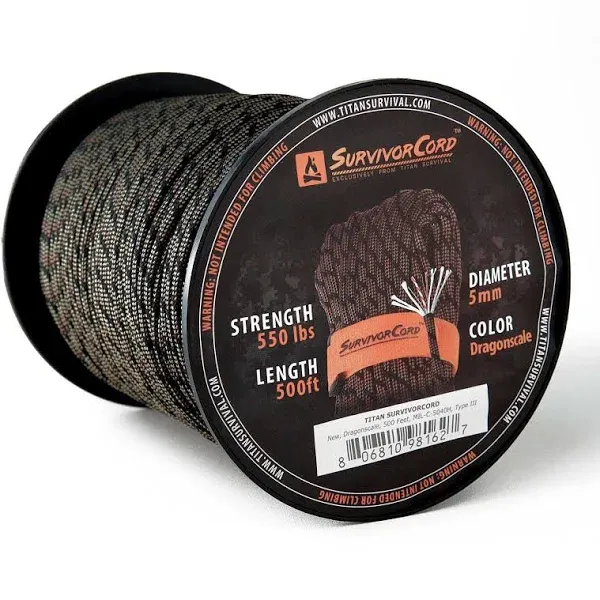 Paracord from Titan Survival - Patented 620LB Strength Survival Paracord 550 Military Spec with 3 Strands - Heavy Duty Hank Cord Camping & Outdoor with Firestarter