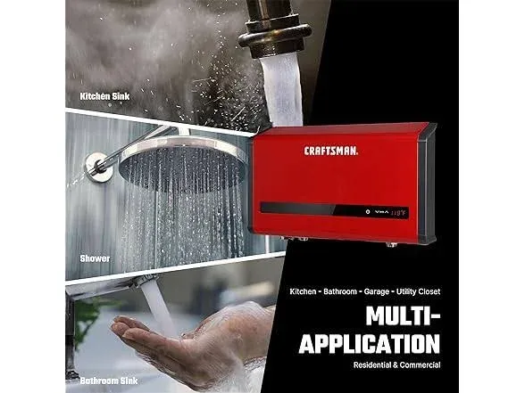 CRAFTSMAN 36kW Tankless Water Heater Electric 240 Volt 7.2 GPM, Self-Modulating Tech Multi-Application for Whole House, Hot Water on Demand, Digital Temperature Display 2023 Upgraded version Light Red