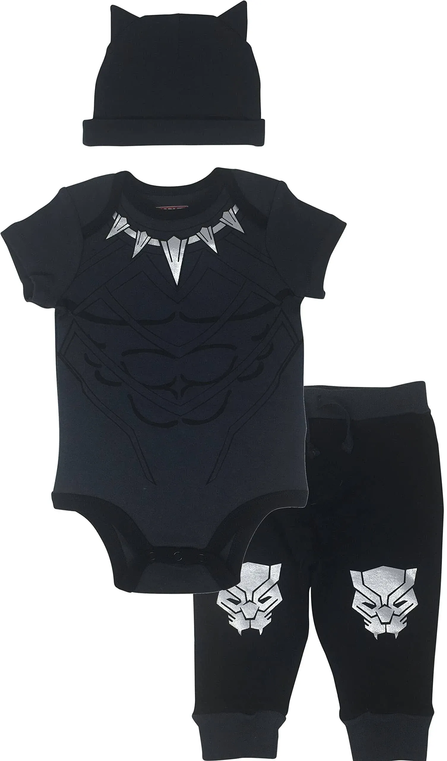 Marvel Avengers Black Panther Infant Baby Boys Cosplay Bodysuit Pants and Hat 3 Piece Outfit Set Newborn to Infant