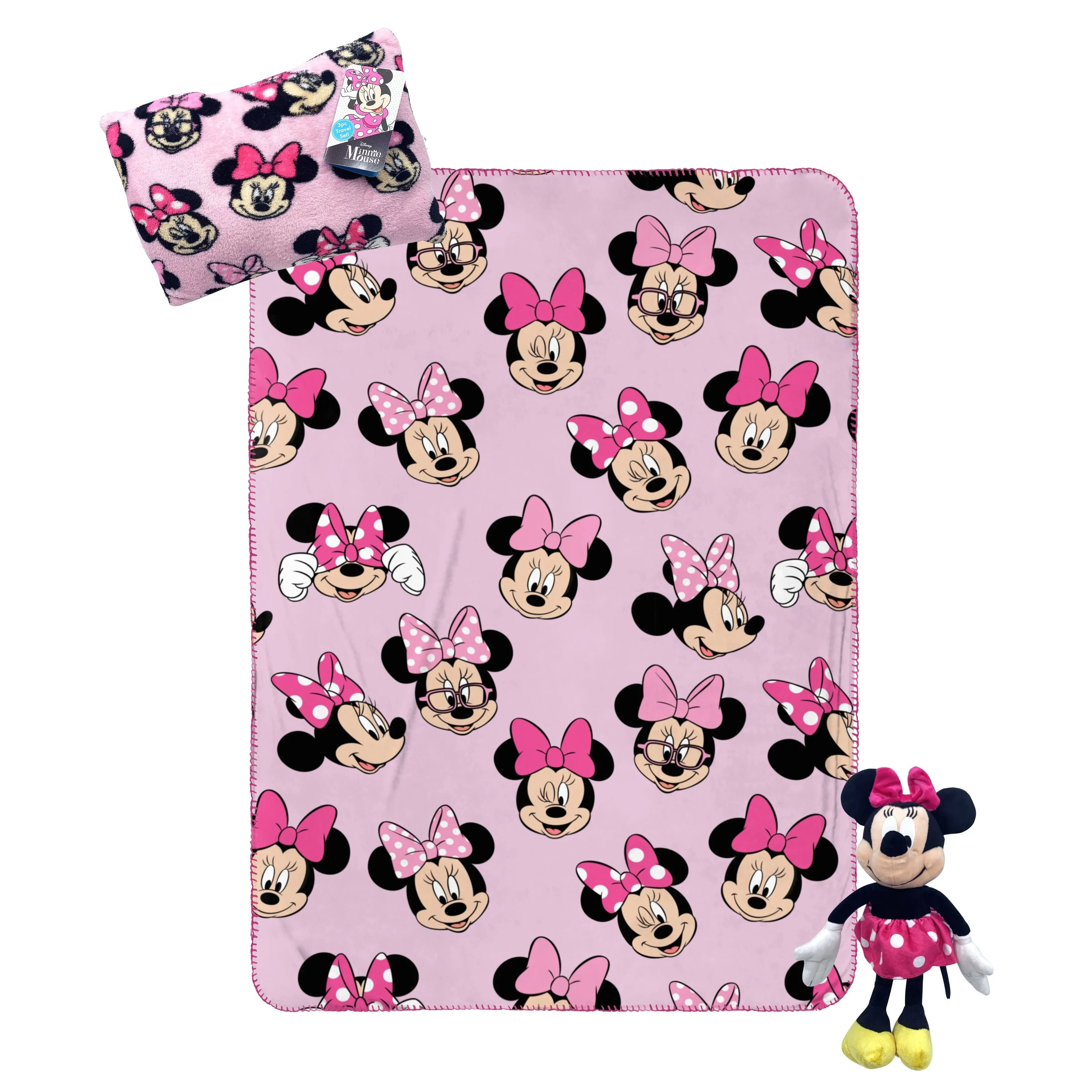 Disney Minnie Mouse Pink 3 Piece Travel Throw, Pillow &amp;