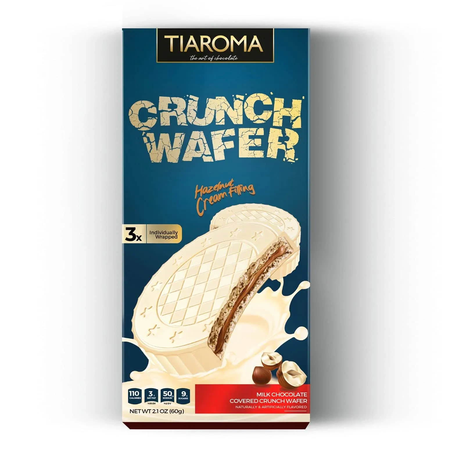 Tiaroma White Chocolate with Hazelnut Cream Filling Crunch Wafer Pack of 12 (2.38 oz / 67.5g) - Individually Wrapped Snacks for Freshness - Gift Snacks For Adults & Kids