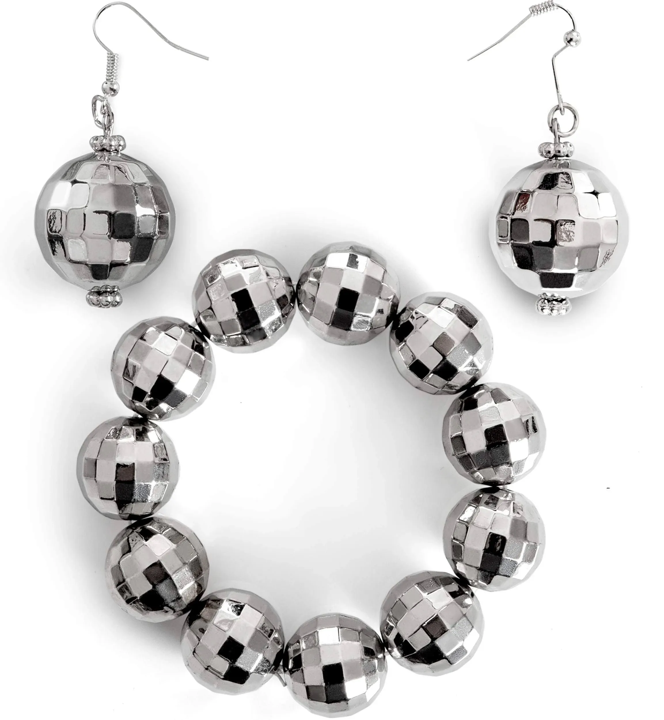 Skeleteen Disco Ball Jewelry Set - 1970s Silver Diva Mirror Balls Costume Bracelet and Earrings Rave Accessories Set for Women