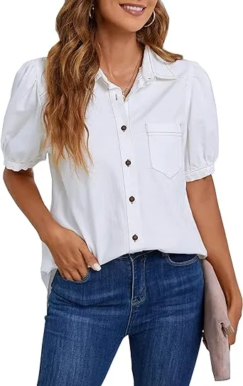 BMJL Womens Denim Shirt Business Casual Button Down Work Blouses Puff Sleeve Summer Tops